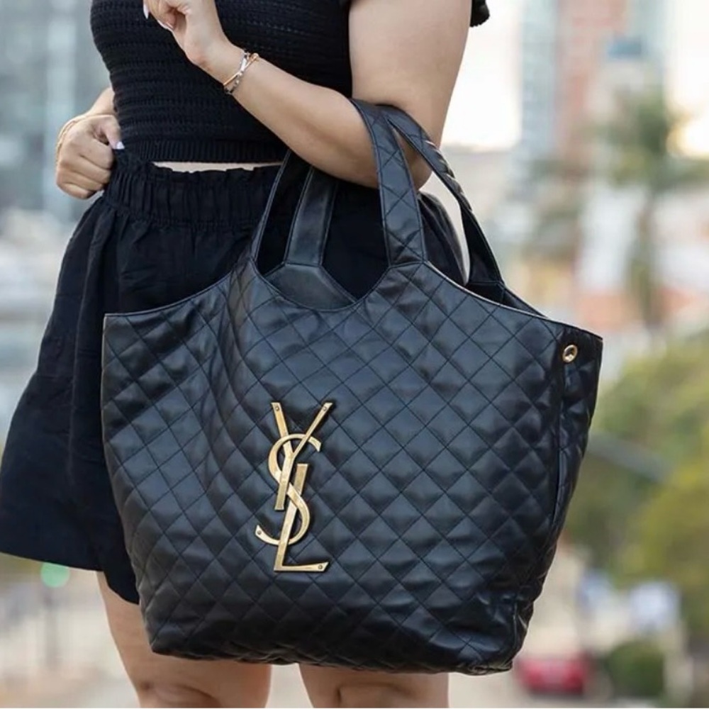 Designer Inspired Quilted Leather Tote with Gold Logo